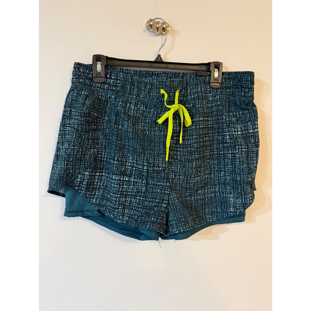 Hind Womens XL 2-in-1 Running Shorts Teal Black Grid Print Neon Drawstring